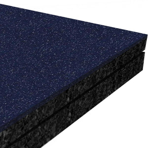 Close-up of three stacked ECORE Athletic Performance Monster Rubber Roll - 22.5mm mats in blue speckle, featuring textured black edges, viewed from an angle against a white background.