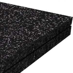 Two stacked ECORE Athletic Performance Monster Rubber Roll - 22.5mm mats, black with small gray speckles, viewed from a corner angle against a white background.