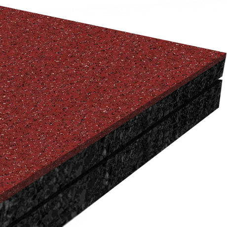 Three stacked ECORE Athletic Performance Monster Rubber Roll 22.5mm mats with a red-speckled top layer and black-speckled sides, displayed on a white background.