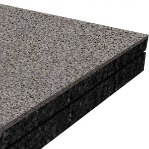 Three stacked sheets of ECORE Athletic’s ECORE Performance Monster Rubber Roll - 22.5mm flooring in speckled gray and black are shown close-up against a white background.