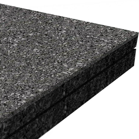 Three stacked ECORE Performance Monster Rubber Roll - 22.5mm Flooring slabs by ECORE Athletic, in black and gray speckled rubber, shown close-up from an angle against a white background.