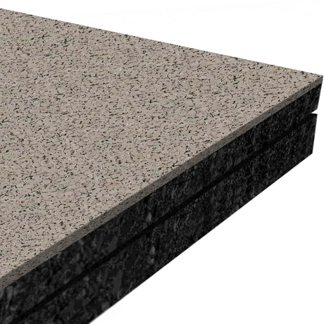 Close-up of three stacked ECORE Performance Monster Rubber Roll - 22.5mm Flooring boards by ECORE Athletic, featuring a speckled, stone-like surface and solid-colored edges; the thick design highlights their durability.