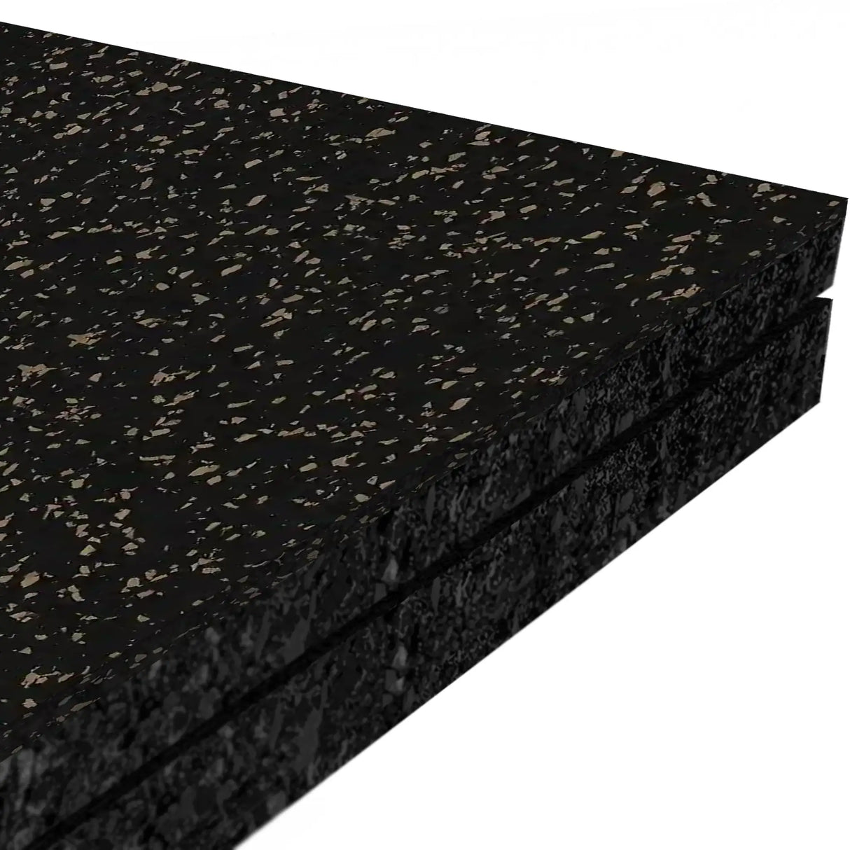 Three stacked ECORE Performance Monster Rubber Rolls by ECORE Athletic, 22.5mm thick, in black with small, irregular light brown speckles, viewed from a side angle against a white background.