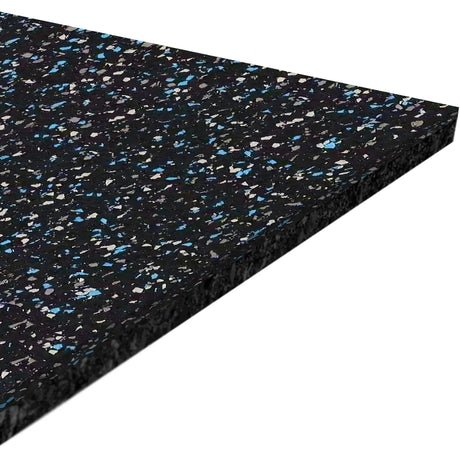 A close-up view shows the ECORE Performance Motivate Plus Rubber Roll - 10.5mm Flooring by ECORE Athletic, featuring a black surface with blue and white speckles, angled to showcase its thickness and textured design.