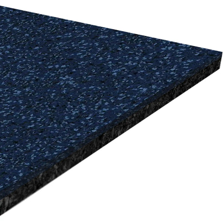 A close-up of the ECORE Performance Motivate Plus Rubber Roll - 10.5mm Flooring by ECORE Athletic, shown at an angle to emphasize its dark blue speckled surface, texture, and thickness.