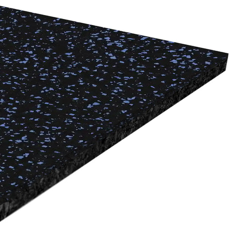 A close-up of the ECORE Athletic Performance Motivate Plus Rubber Roll - 10.5mm Flooring shows its rectangular black surface with blue speckles, displayed at an angle against a white background.