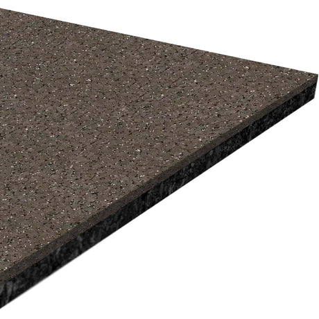 A close-up of the ECORE Performance Motivate Plus Rubber Roll - 10.5mm Flooring by ECORE Athletic shows its speckled brown, textured surface and beveled edges against a white background.