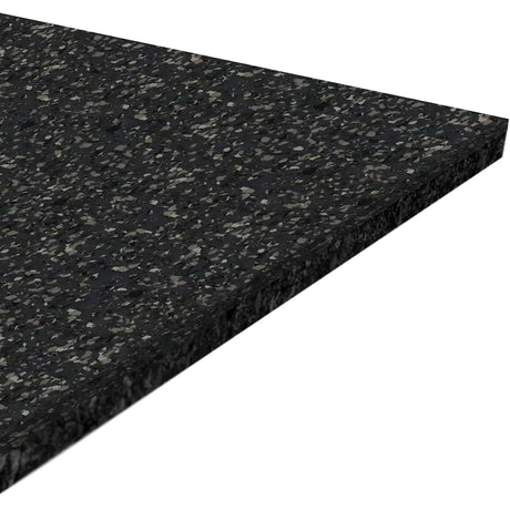 A detailed angled shot of the ECORE Performance Motivate Plus Rubber Roll - 10.5mm Flooring by ECORE Athletic highlights its black surface with gray speckles, emphasizing thickness and textured finish.