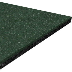 A close-up of the ECORE Athletics Performance Motivate Plus Rubber Roll 10.5mm Flooring, a rectangular green speckled mat with a black edge, shown angled on a white background.