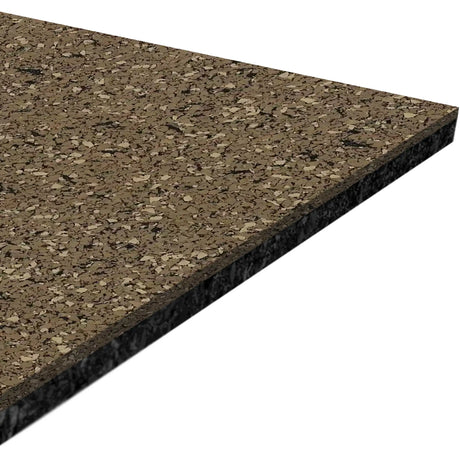 A close-up of the ECORE Athletic Performance Motivate Plus Rubber Roll – 10.5mm flooring shows its brown and black speckled, rectangular surface angled against a white background.