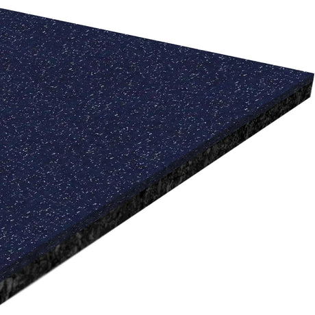 A close-up of the ECORE Performance Motivate Plus Rubber Roll - 10.5mm Flooring by ECORE Athletic highlights its dark blue speckled, textured surface and layered construction, shown at an angle to display thickness.