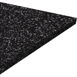 A triangular section of the ECORE Performance Motivate Plus Rubber Roll - 10.5mm Flooring by ECORE Athletic is shown close-up, featuring black rubber with light gray speckles on a white background.
