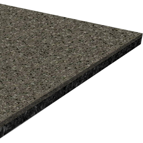 Close-up of the ECORE Performance Motivate Plus Rubber Roll - 10.5mm Flooring by ECORE Athletic, showing its rectangular, speckled, dark gray surface with a polished finish and slightly beveled edge from an angled view.