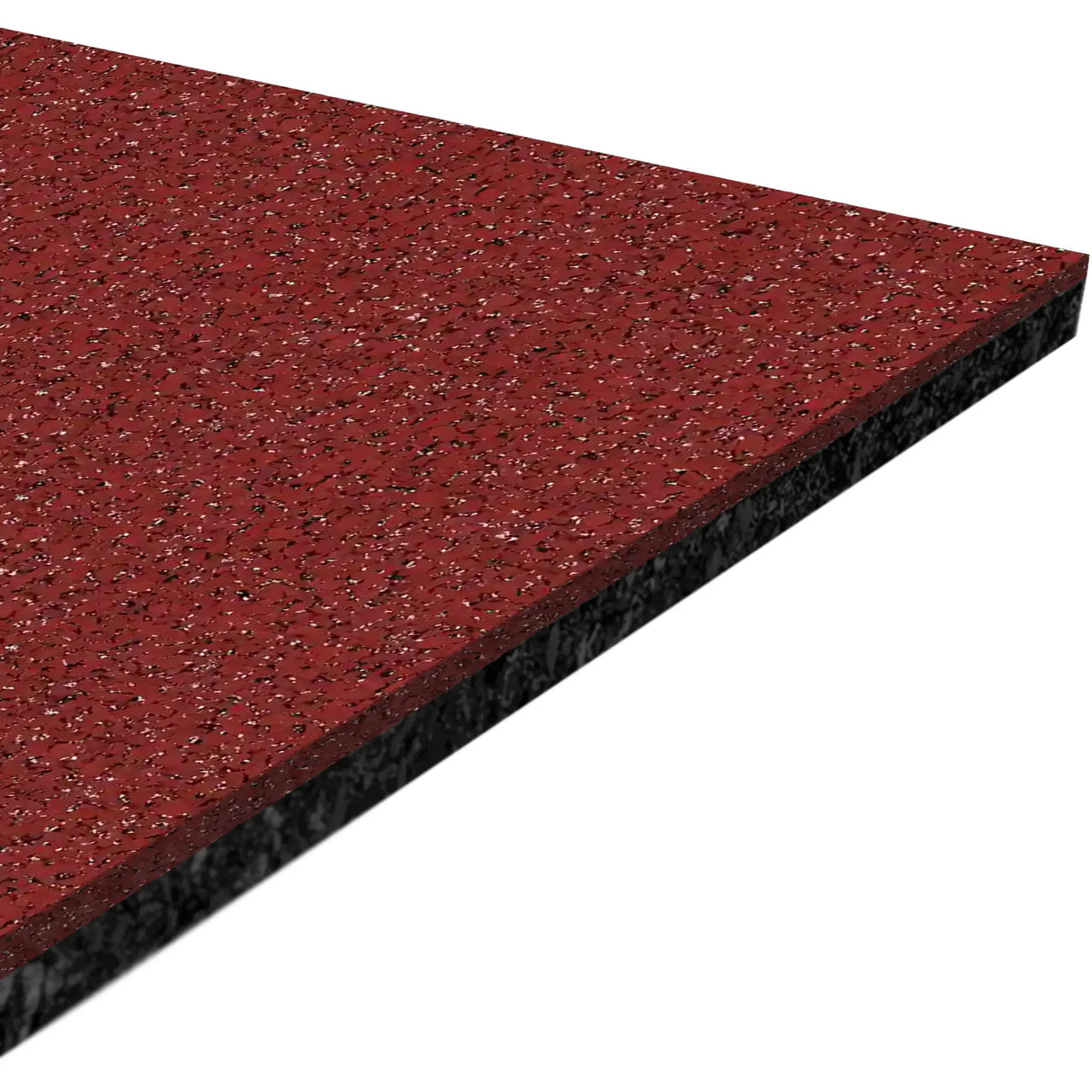 A close-up of the ECORE Athletic Performance Motivate Plus Rubber Roll - 10.5mm Flooring shows its rectangular red speckled surface with a black underside, viewed at an angle against a white background.