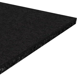 A close-up view of the ECORE Athletic ECORE Performance Motivate Plus Rubber Roll - 10.5mm Flooring highlights its rectangular shape, polished black surface, and thin edge.
