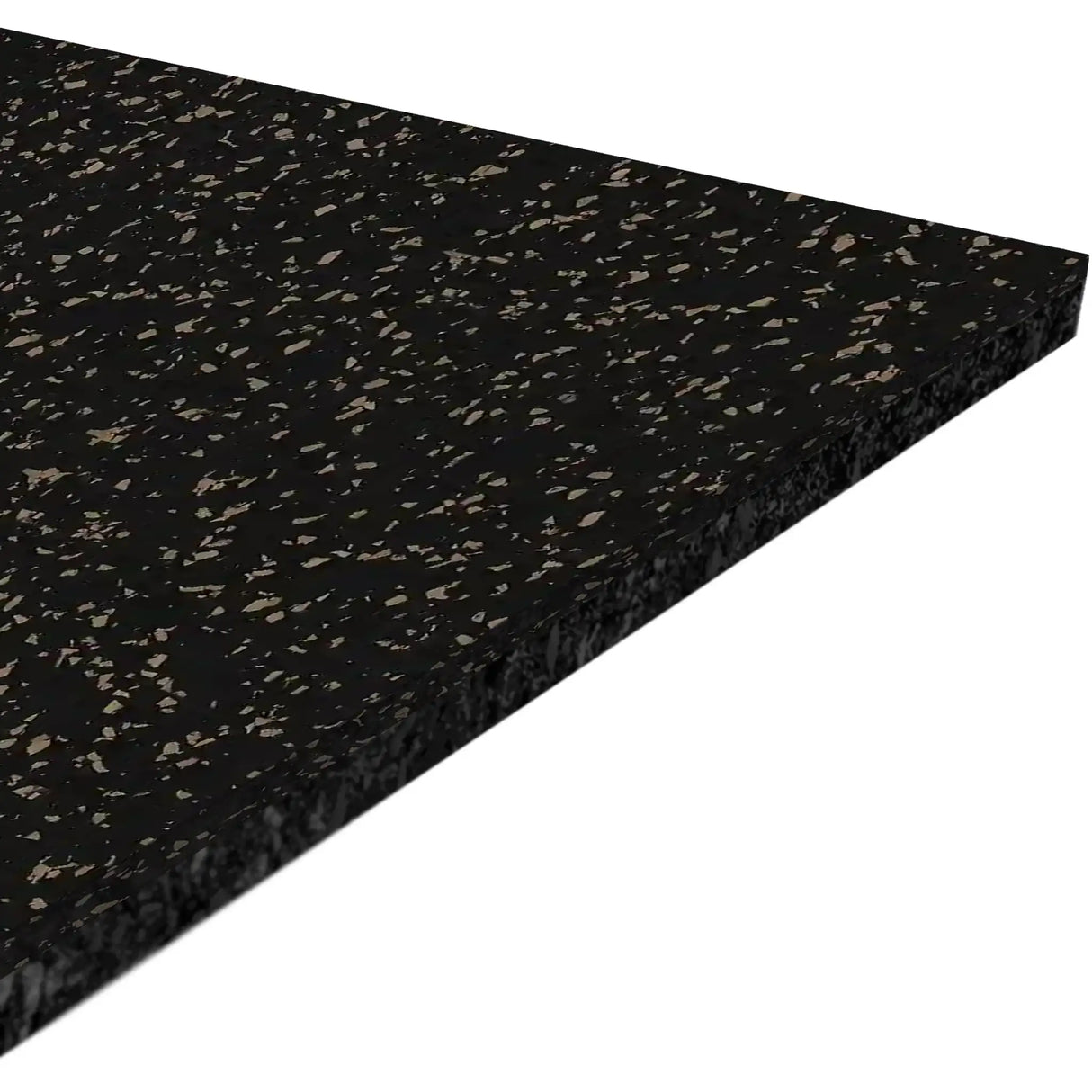 A close-up of the ECORE Performance Motivate Plus Rubber Roll - 10.5mm Flooring by ECORE Athletic, a rectangular black rubber mat with light gray speckles, shown angled against a white background.