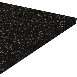 A close-up of the ECORE Performance Motivate Plus Rubber Roll - 10.5mm Flooring by ECORE Athletic, a rectangular black rubber mat with light gray speckles, shown angled against a white background.