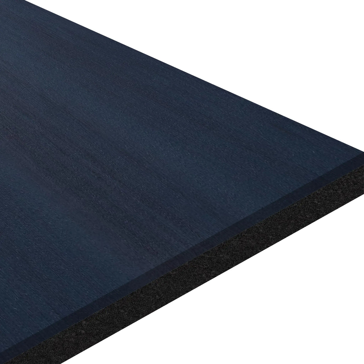 A close-up of the edge of ECORE Athletic's ECORE Moxie Beast Laminate Roll - 10.5mm Flooring, featuring a dark blue laminated wood panel with a black core, shown against a white background.