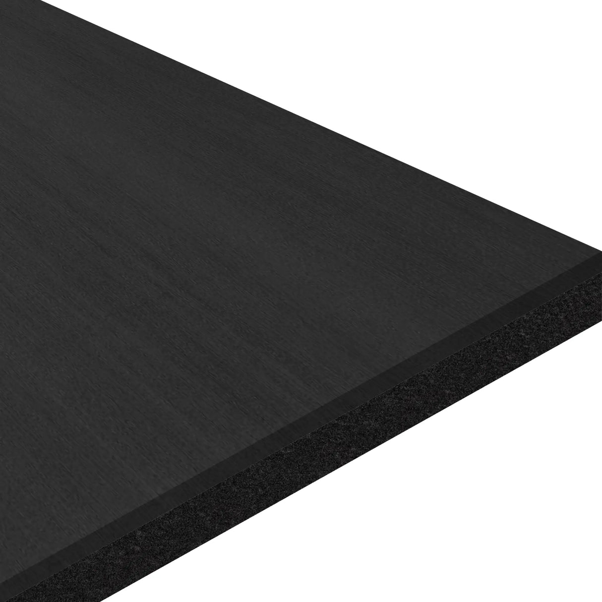 A close-up of the ECORE Athletic Moxie Beast Laminate Roll - 10.5mm Flooring, featuring a sleek, black rectangular panel with a smooth surface, displayed at an angle against a white background.