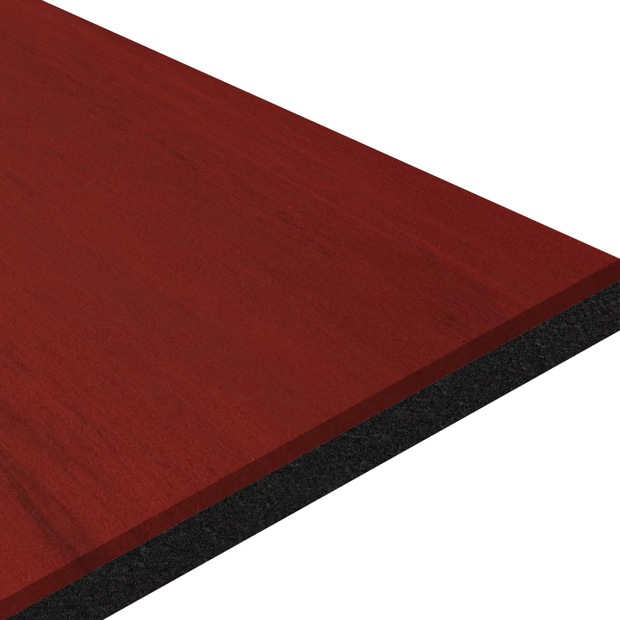 A close-up of the ECORE Moxie Beast Laminate Roll - 10.5mm Flooring by ECORE Athletic, featuring a rectangular reddish-brown wood finish with a black edge, displayed against a white background.