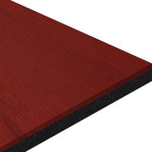 A close-up of the ECORE Moxie Beast Laminate Roll - 10.5mm Flooring by ECORE Athletic, featuring a rectangular reddish-brown wood finish with a black edge, displayed against a white background.