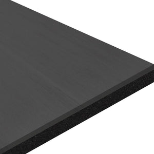 A close-up view of the ECORE Moxie Beast Laminate Roll - 10.5mm Flooring from ECORE Athletic, featuring a rectangular black foam board with a smooth matte surface and clean edges, shown against a white background.