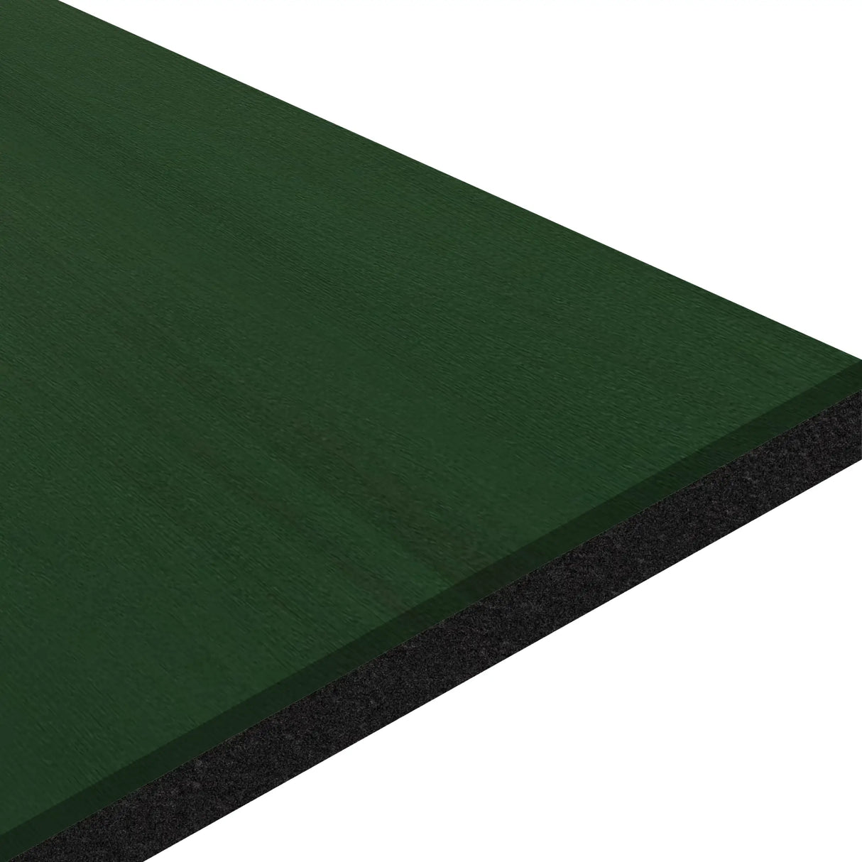 A close-up of the corner of an ECORE Athletic Moxie Beast Laminate Roll - 10.5mm Flooring panel in dark green with a black edge, set against a white background.