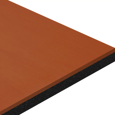 A close-up of the ECORE Athletic ECORE Moxie Motivate Laminate Roll - 10.5mm Class 1 Flooring, showing its brown laminated surface and black core edge against a white background.