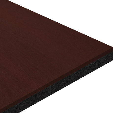 A close-up of the ECORE Moxie Motivate Laminate Roll (10.5mm Class 1 Flooring) by ECORE Athletic shows its rectangular, dark brown wood look with a black edge against a white background.