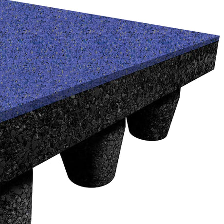 Close-up of the ECORE PlayGuard Rubber Tile - 2.5" Playground Flooring by ECORE Athletic, featuring a blue speckled surface, a thick black core, and cylindrical black supports underneath.
