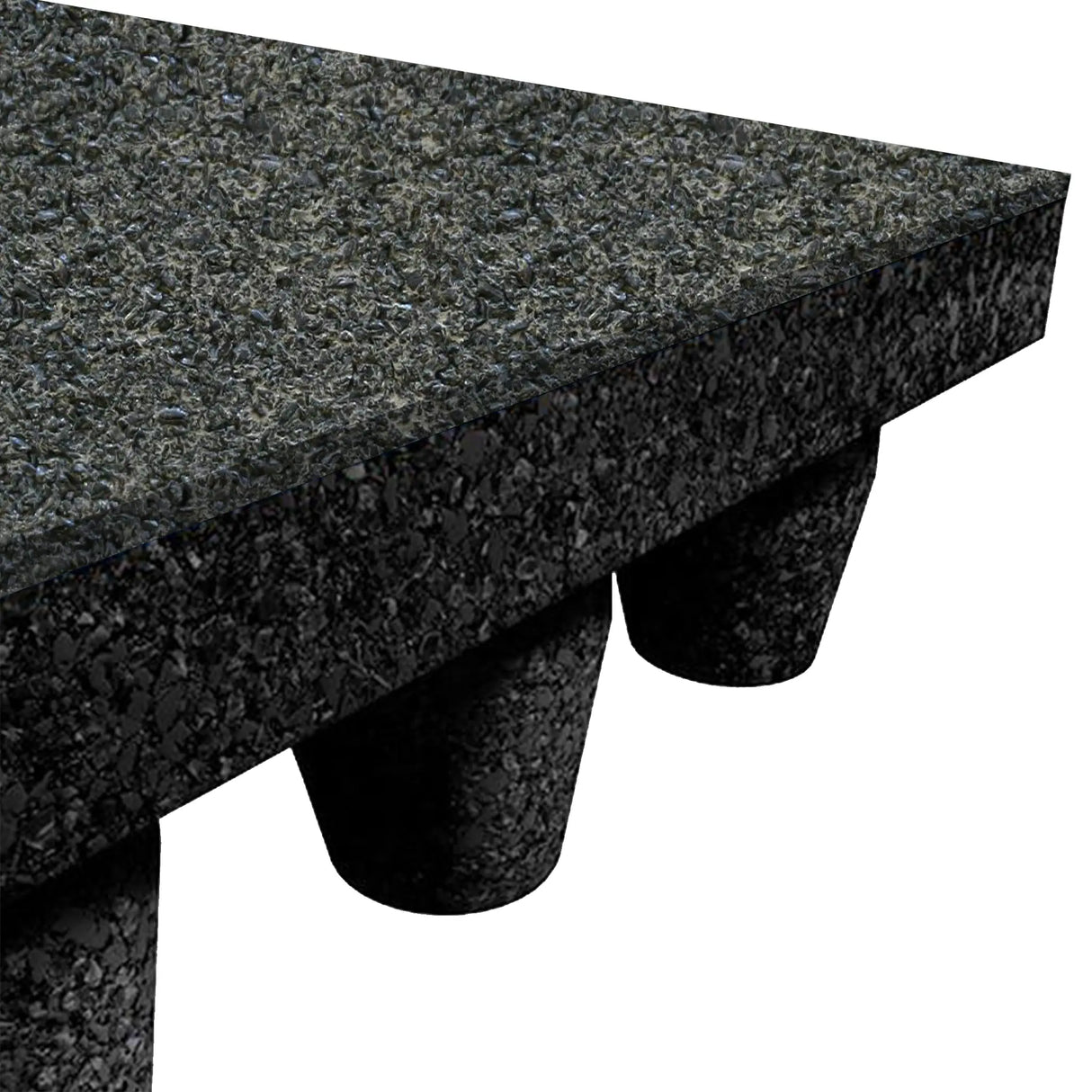 Angled close-up of the ECORE PlayGuard Rubber Tile - 2.5" Playground Flooring by ECORE Athletic, featuring a textured dark gray surface and cylindrical support legs, shown against a white background.