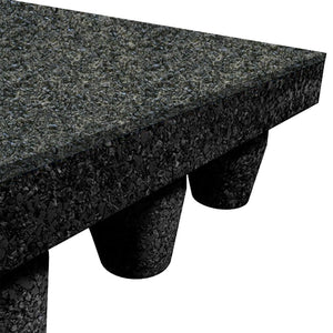 Angled close-up of the ECORE PlayGuard Rubber Tile - 2.5" Playground Flooring by ECORE Athletic, featuring a textured dark gray surface and cylindrical support legs, shown against a white background.