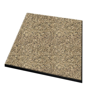 The ECORE Athletic PlayGuard Rubber Tile - 2.5" Playground Flooring is a square, speckled beige tile with a smooth surface and black edge, shown on a white background.