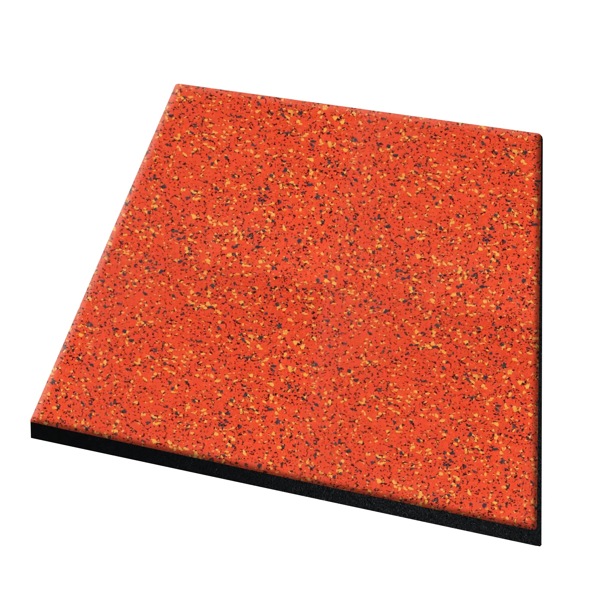 The ECORE Athletic PlayGuard Rubber Tile - 2.5" Playground Flooring is a square, red gym flooring tile with yellow and black specks, displayed at an angle on a white background.