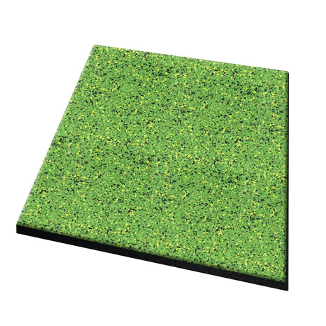 The ECORE Athletic PlayGuard Rubber Tile - 2.5" Playground Flooring is a square green tile with yellow and black speckles, shown on a white background with a visible black layer underneath.