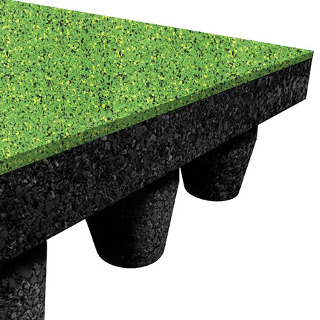 Close-up of a corner section of the ECORE PlayGuard Rubber Tile - 2.5" Playground Flooring by ECORE Athletic, showing its green speckled surface, black textured base, and cylindrical support legs for durable outdoor use.