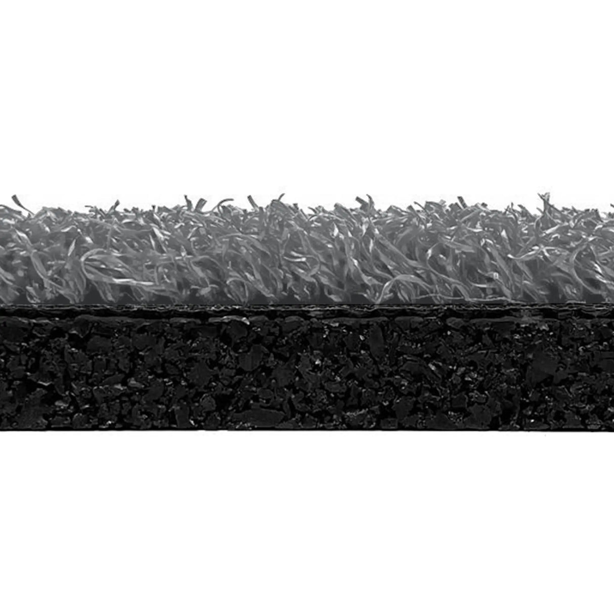 Side view of ECORE RageTurf Rally Interlocking Tile by ECORE Athletic, showing gray artificial grass fibers atop a thick, dark base layer, illustrating the 12mm tile’s turf structure and texture.