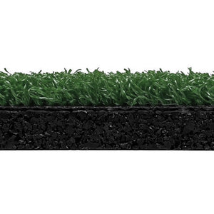 A close-up side view of ECORE RageTurf Rally Interlocking Tile by ECORE Athletic, featuring green synthetic grass atop a thick black rubber or foam base layer.