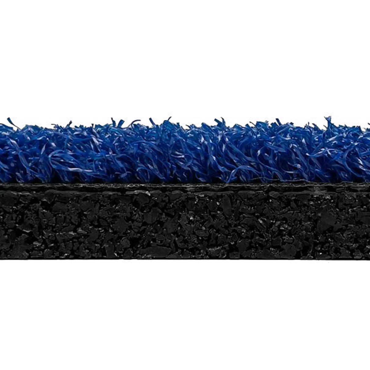 Close-up side view of ECORE Athletic RageTurf Rally Interlocking Tile—12mm athletic turf tile featuring bright blue synthetic grass and a thick black rubber base.