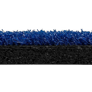 Close-up side view of ECORE Athletic RageTurf Rally Interlocking Tile—12mm athletic turf tile featuring bright blue synthetic grass and a thick black rubber base.