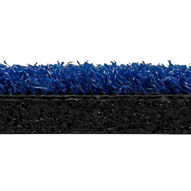 Close-up side view of ECORE Athletic RageTurf Rally Interlocking Tile—12mm athletic turf tile featuring bright blue synthetic grass and a thick black rubber base.
