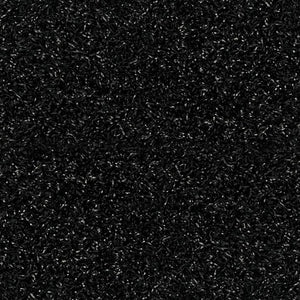 Close-up view of ECORE RageTurf Rally Interlocking Tile by ECORE Athletic, a dense, textured black 12mm athletic turf tile featuring small, curled, shiny fibers throughout its resilient surface.