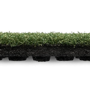 A side view of the ECORE RageTurf UltraTile - 1" Athletic Turf Tile by ECORE Athletic, featuring green synthetic blades and a thick black base, displayed against a white background.