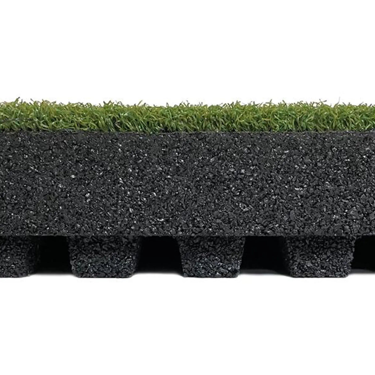 A close-up side view of the ECORE RageTurf dBTile - 2.5" Athletic Turf Tile by ECORE Athletic shows artificial grass on top, a thick textured black rubber layer in the middle, and evenly spaced black rubber feet at the bottom.