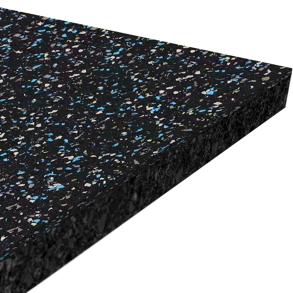 A close-up of the ECORE Athletic ECORE Performance Rally Rubber Roll - 14.5mm Flooring, a thick rectangular mat with a black background and blue, grey, and white speckled flecks.