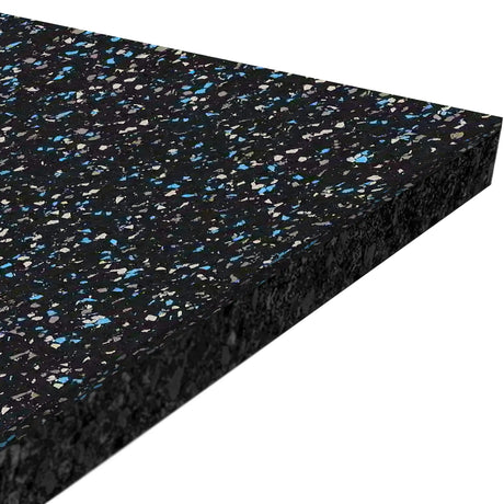 A close-up of the ECORE Athletic ECORE Performance Rally Rubber Roll - 14.5mm Flooring, a thick rectangular mat with a black background and blue, grey, and white speckled flecks.