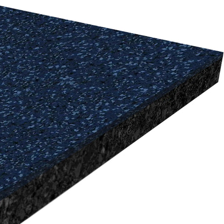 Close-up of ECORE Athletic’s Performance Rally Rubber Roll - 14.5mm Flooring in blue speckle, angled to show the textured surface and thickness with a visible cross-section.