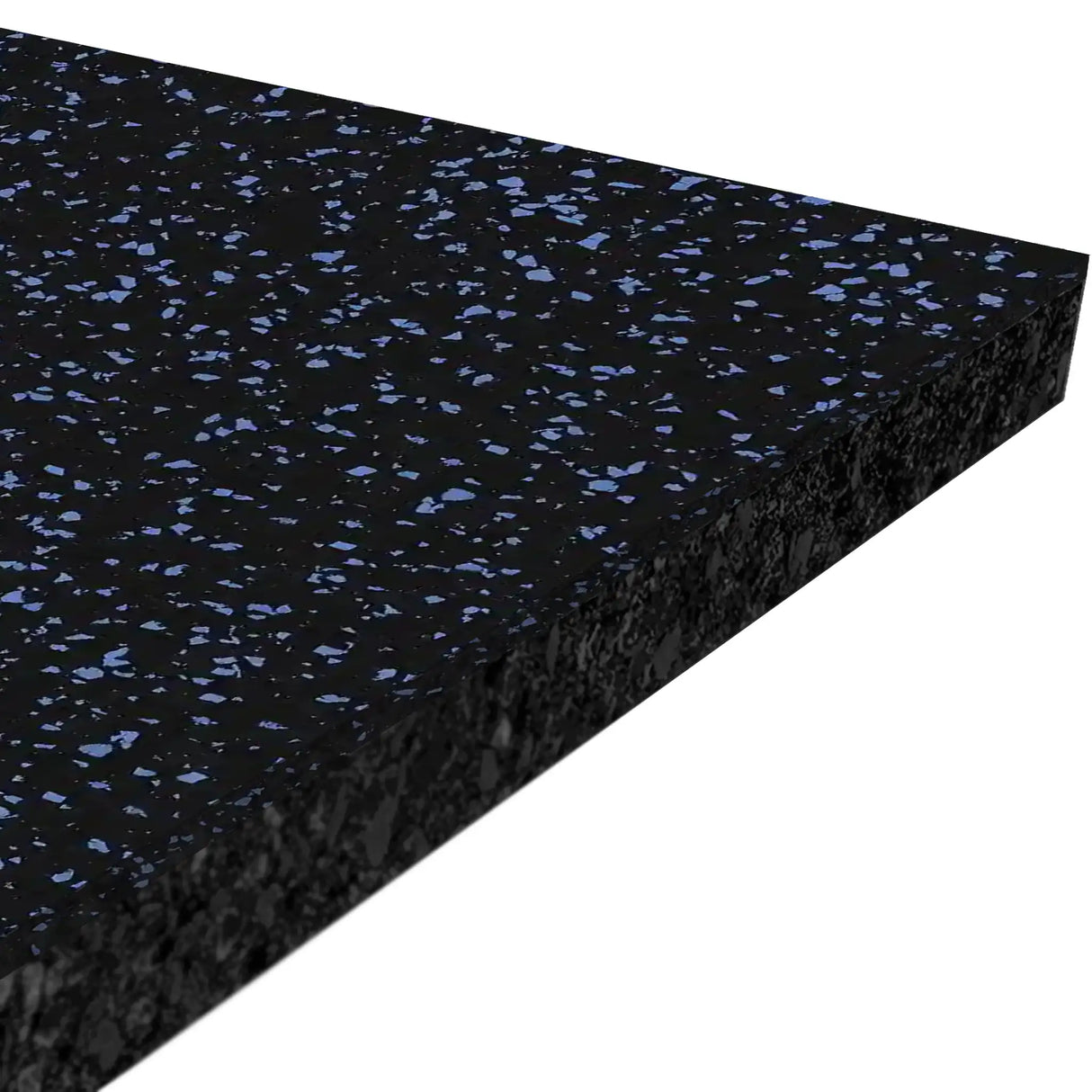 A close-up of the ECORE Performance Rally Rubber Roll - 14.5mm Flooring by ECORE Athletic shows its rectangular black design with blue speckles, displayed at an angle on a white background.