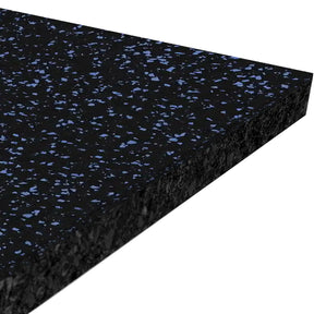 A close-up of the ECORE Performance Rally Rubber Roll - 14.5mm Flooring by ECORE Athletic shows its rectangular black design with blue speckles, displayed at an angle on a white background.