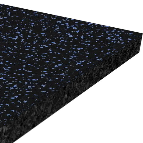 A close-up of the ECORE Performance Rally Rubber Roll - 14.5mm Flooring by ECORE Athletic shows its rectangular black design with blue speckles, displayed at an angle on a white background.